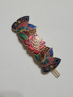 Vintage cloisonné enamel hair barrette clip butterflies and red rose